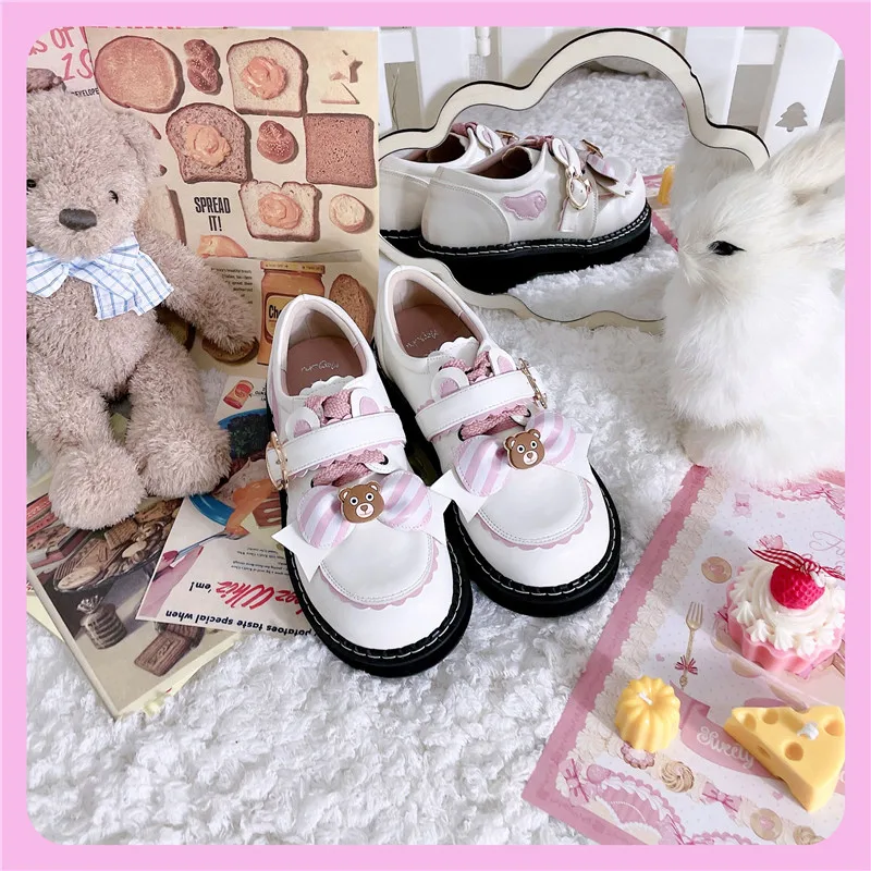 

Japanese student sweet lolita shoes round head cute bear college style thick-bottom student shoes bowknot lovely girl cosplay