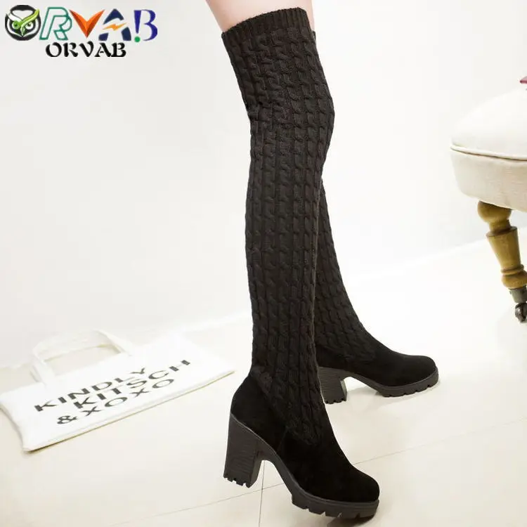 Black High Heel Высокие сапоги до бедра; коллекция года; модные зимние женские носки; черные, серые тонкие высокие сапоги; обувь на платформе; женские Сапоги выше колена - Цвет: Black High Heel