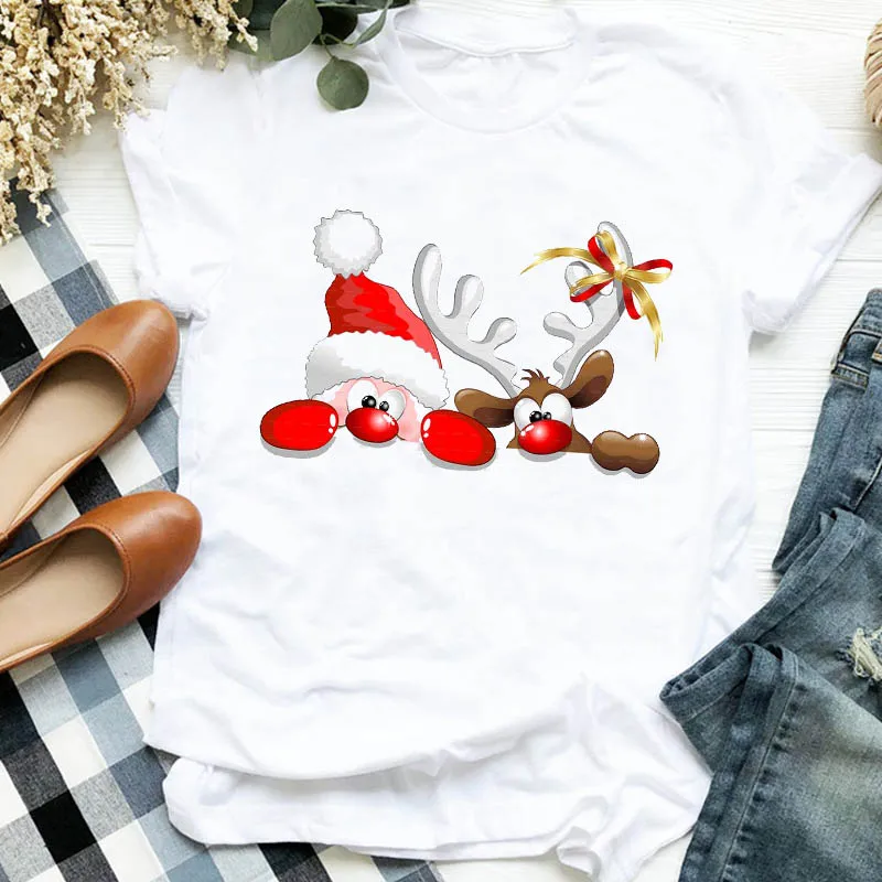 

Merry Christmas Plaid Deer Print T Shirt Women Short Sleeve O Neck Loose Tshirt Summer Women Tee Shirt Tops Camisetas Mujer