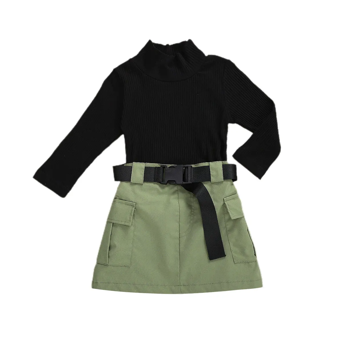 

Autumn Girls Clothes Sets Fashion Knitted Long Sleeve Black Sweater Tops Army Green Skirts+Belt Set 1-6Y