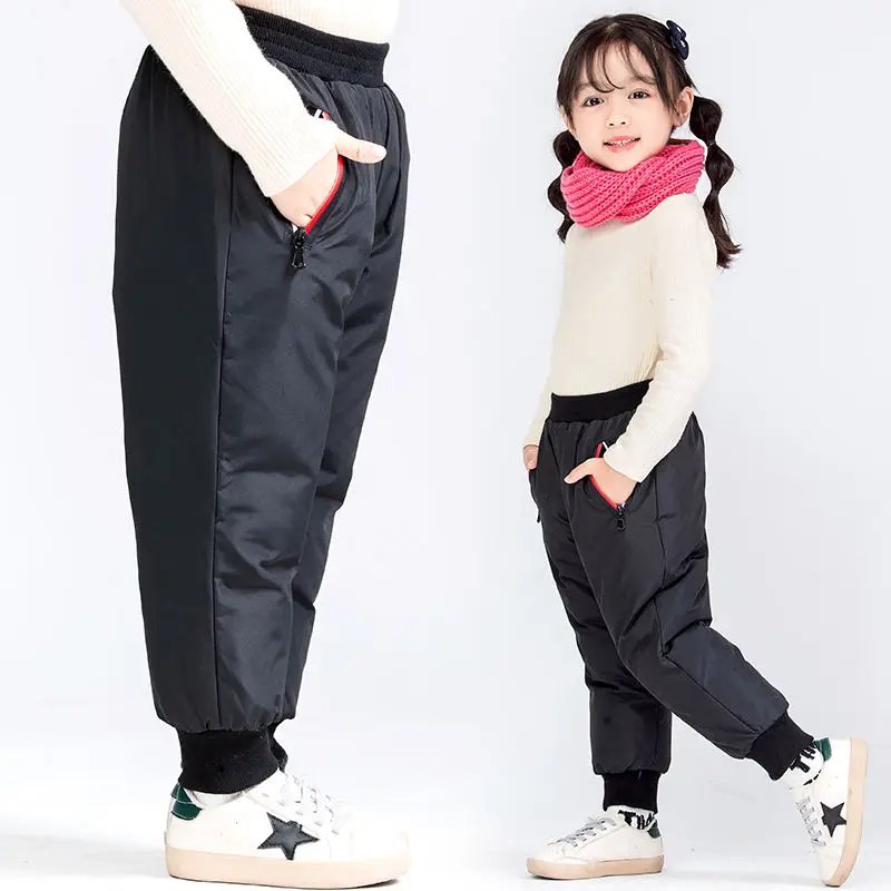 

2021 Winter Kids Girls Warm Down Pants Thickened Middle School Children's Down Cotton Trousers Teen Zipper Pocket Boys Pants 1-9