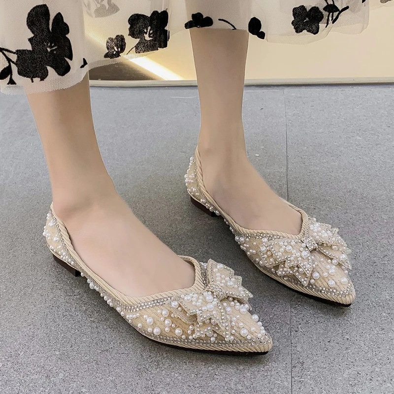 

Lucyever Retro Pearl Bow Flats Shoes Women Elegant Crystal Pointed Toe Flat Slip on Shoes Woman Comfort Soft Loafer Casual Shoes