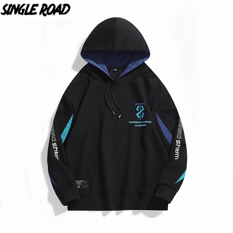 

Single Road Mens Hoodies Men 2021 Print Patchwork Solid Sweatshirt Hip Hop Japanese Streetwear Casual Black Oversized Hoodie Men