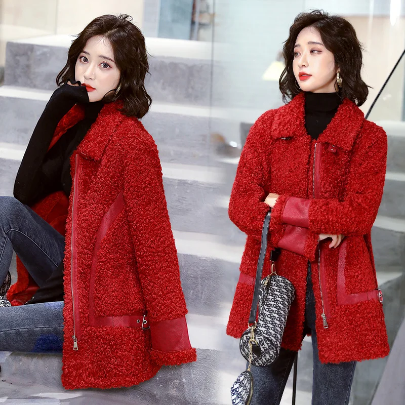 Женское длинное пальто из искусственной овчины с красным мехом модная Свободная