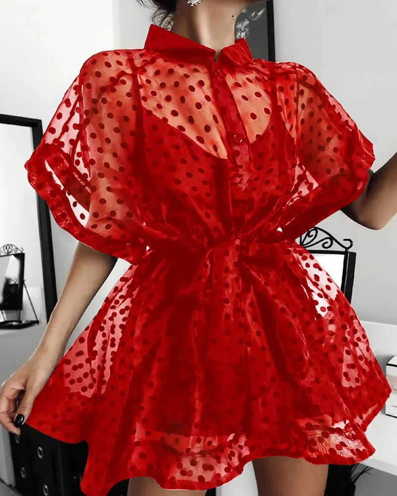 Женское Полупрозрачное платье на пуговицах с коротким рукавом и ложным