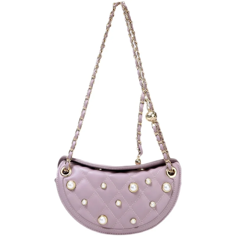 

pearl Design Half moon PU Leather Shoulder Crossbody Bag for Women Lipstick Storage Clutch 2021Summer Chain Handbags