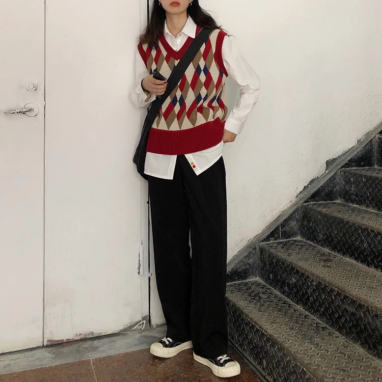 

Women Vintage Hit Color Argyle Knitted Sweater Vest Autumn New V Neck Sleeveless Sweaters Harajuku Woman Jumpers