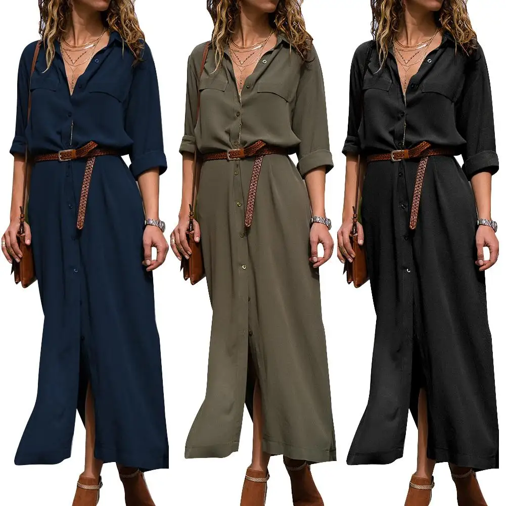 

Fashion Women Autumn Loose Long Sleeve Lapel Slit Buttons Wear Autumn Women Casual Dress