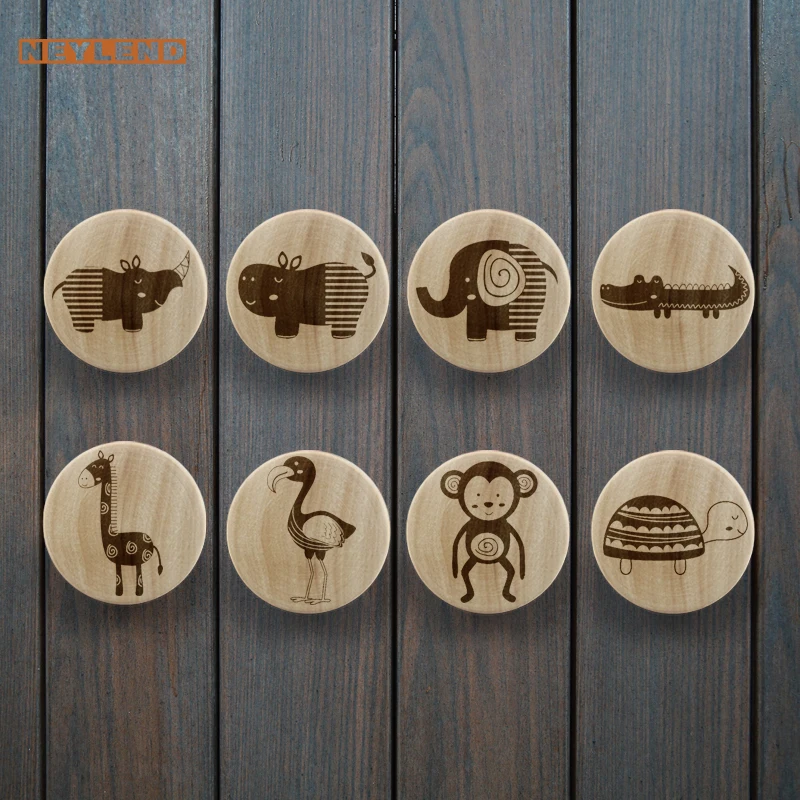 

Children Engraved Nursery Jungle Pattern Wooden Draw Knob Boho Nursery Drawer Pull Nature Wood Drawer Kids Furniture Handles