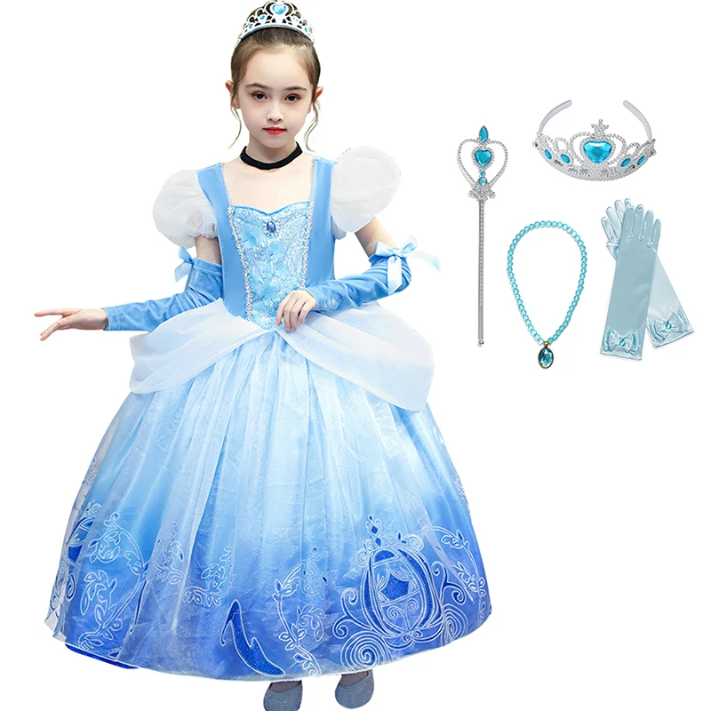 Dress Set 02 Нарядный костюм Золушки для девочек; костюм принцессы; детское Голубое Бальное Платье с многослойной аппликацией; детское праздничное платье на Хэллоуин, Рождество - Цвет: Dress Set 02
