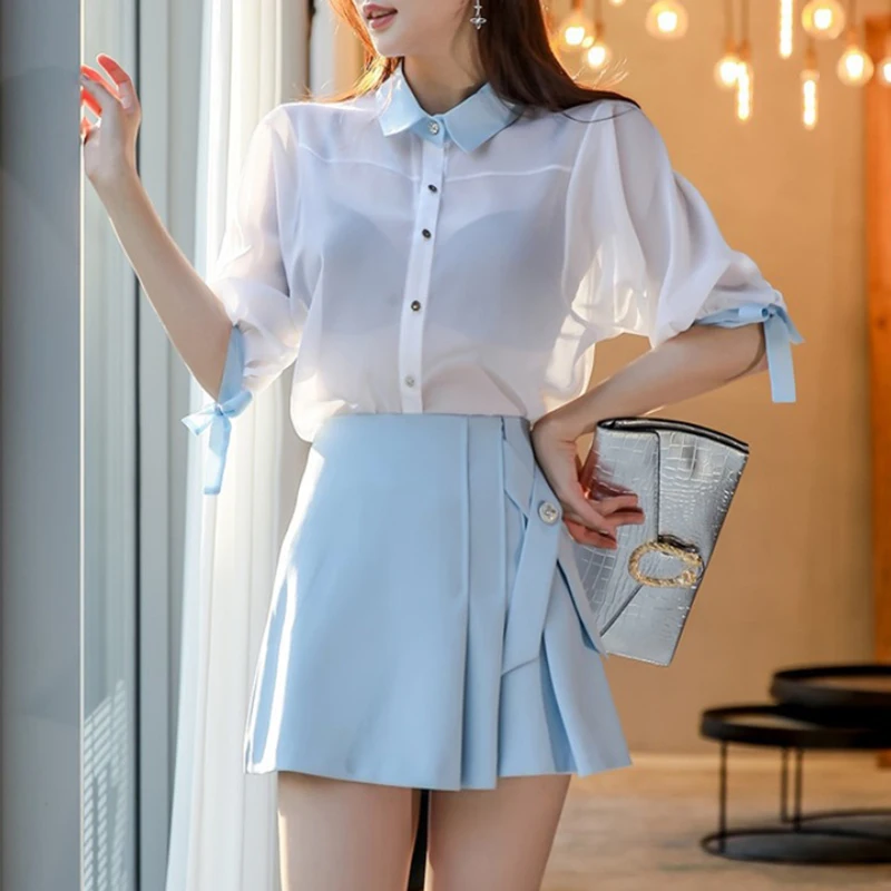 

new arrival fashion set for women summer office lady elegant casual simple perspective sexy shirt and mini skirt two piece sets