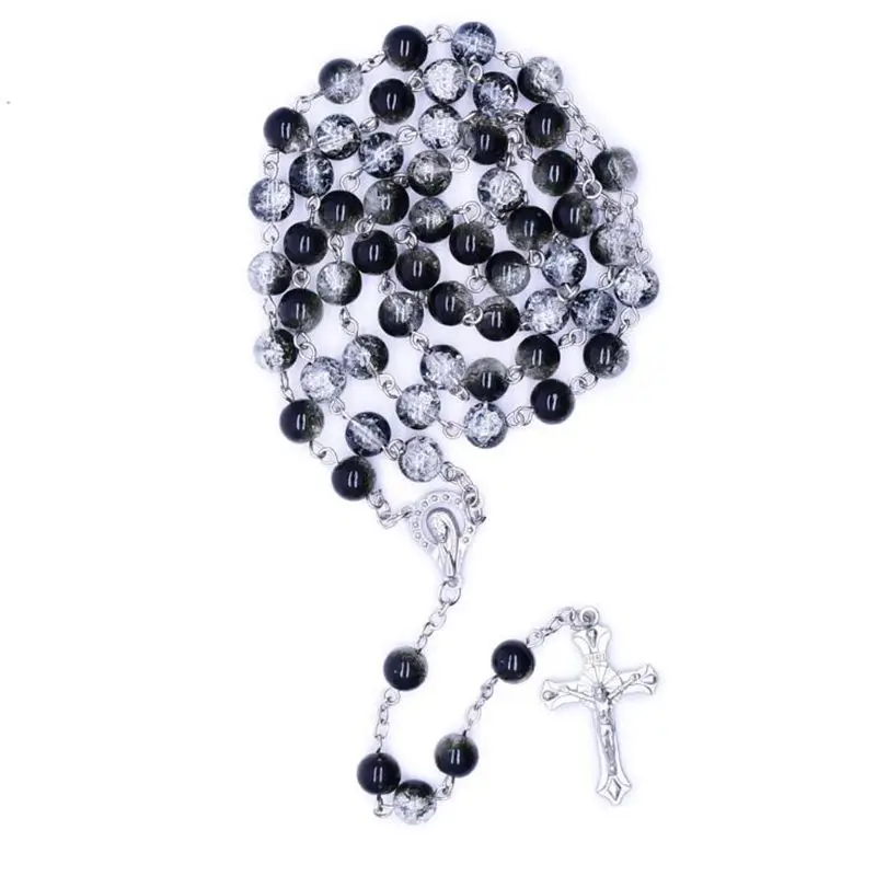 

QIGO Glass Rosary Necklace Long Religious Cross Pendant Necklace