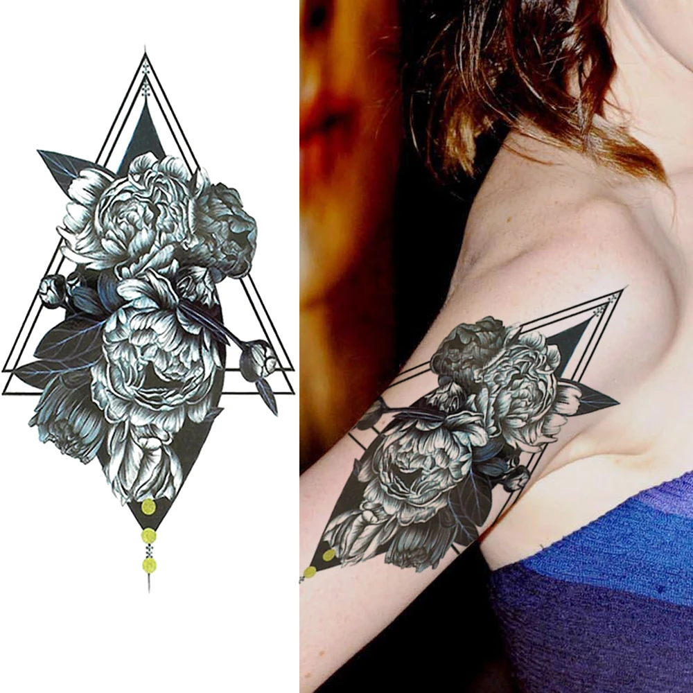 

Geometric Rose Temporary Tattoos Waterproof Fake Black Flower Lotus Tatoo Fashion Body Art Painting Arm Legs Tatoo For Women Men