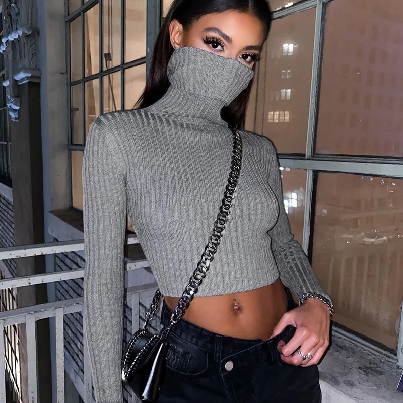 

2020 autumn new solid color casual high-neck exposed navel close-fitting basic knitted top women