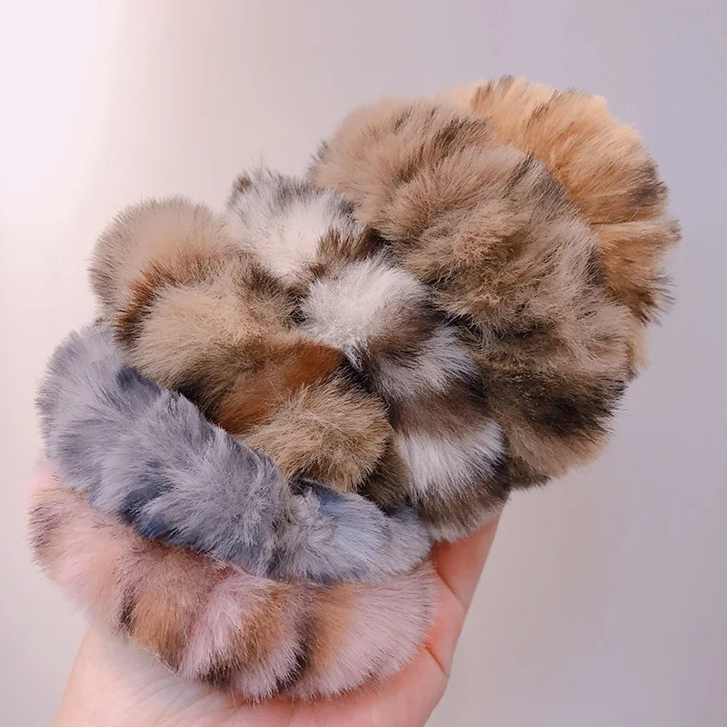 

Winter Leopard Print Plush Fluffy Fur Scrunchies Elastic Hair Bands Rope For Girls Warm Ponytail Holder Hair Accessories Women