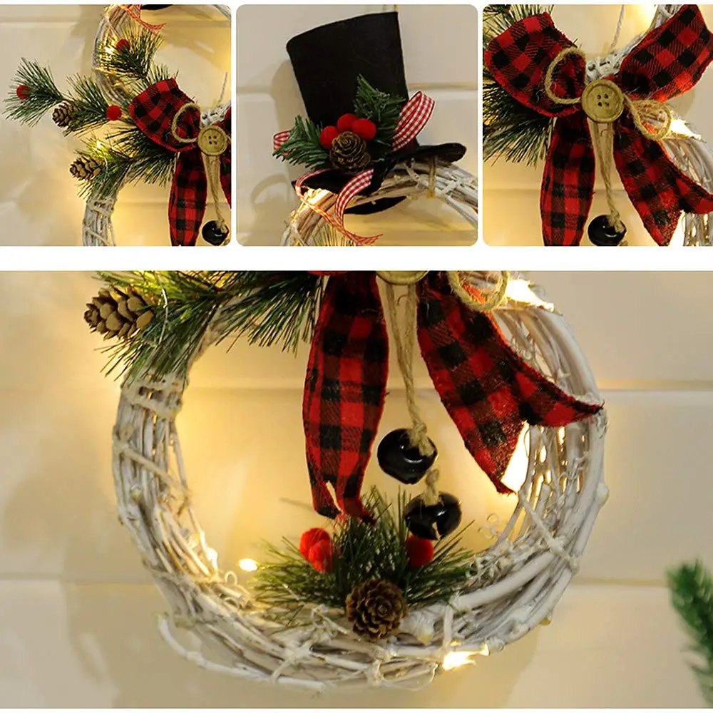 Corona de Navidad LED para puerta delantera, coronas artificiales de mu&ntilde;eco de nieve con cadena de luces LED, arco de pino, decoraci&oacute;n de patio-2