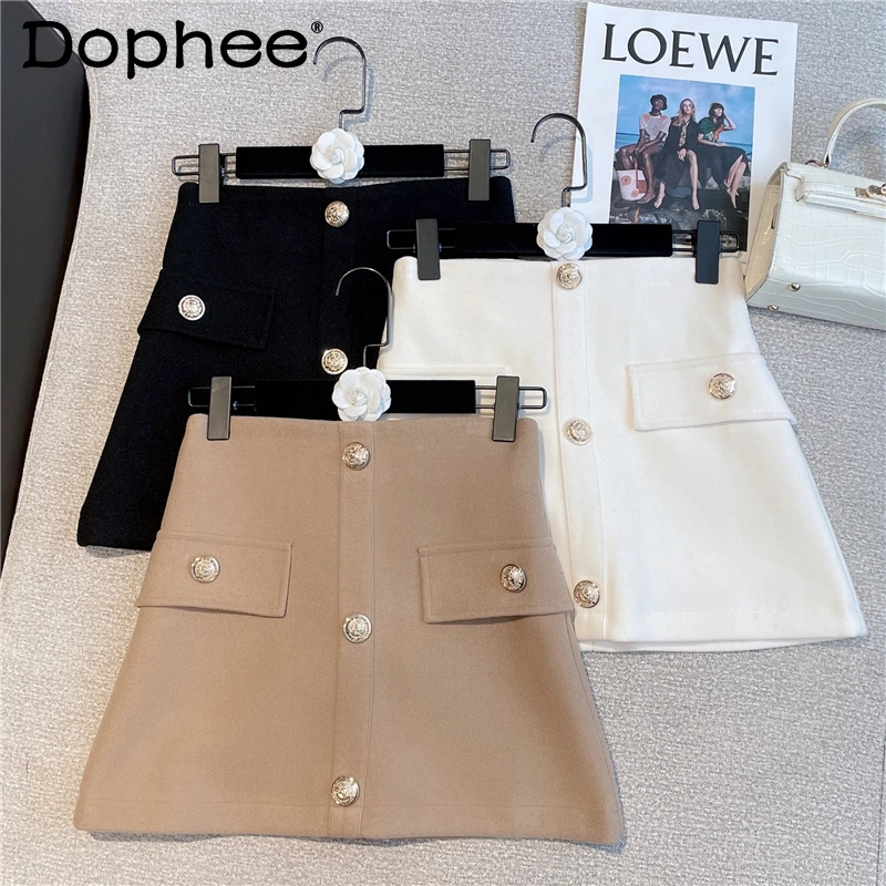 

Retro Elegant Pocket Buttons Cashmere Skirt Women High Waist Slimming Black Short Woolen Skirt 2021 Autumn Winter Mini Faldas