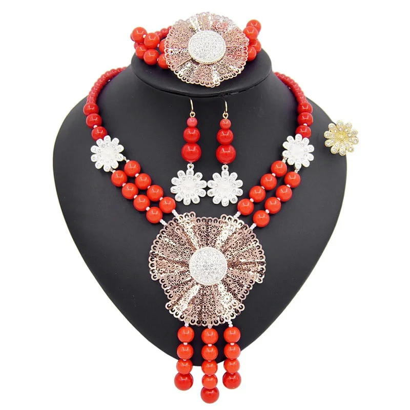 

Yulaili Trendy Red Color Beads Pendant Necklace Crystal Dangle Earrings Bracelet Ring Wedding Bridal Dubai Gold Jewelry Sets