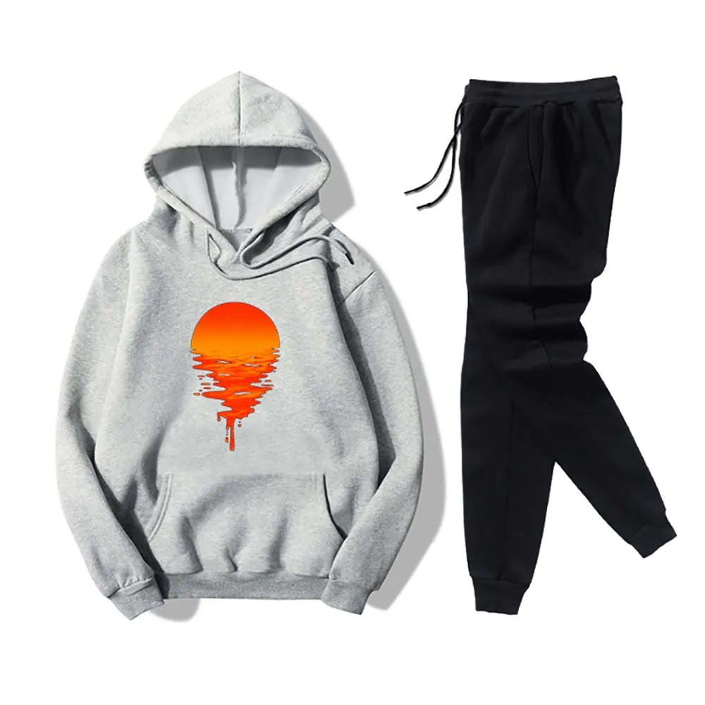 

Casual Scenery-Printed Two Piece Set Women Tractsuit Hoodies Pullovers Black Pant Finess Suits Ladies Sport Clothes Sets