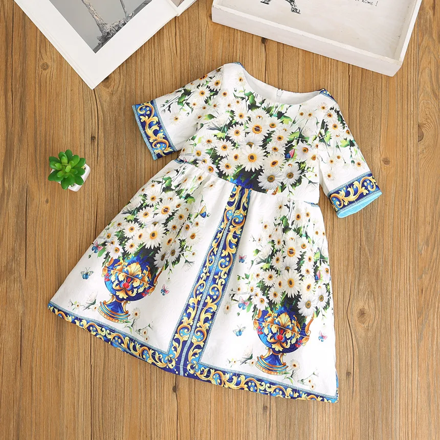 

2021 Summer European and American Style Short-Sleeve Children Flower Pattern Princess Spring Dress Girls Dresses 2-7Y