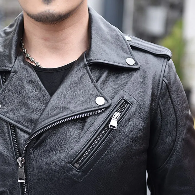 

Mens Genuine Leather Short Slim Biker Jacket Zipper Pockets Turn-Down Collars Natural Cowhide Streetwear Plus Cashmere Coat