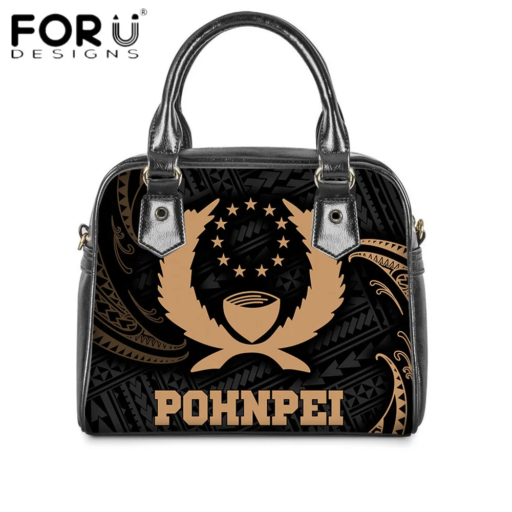 

FORUDESIGNS Black Purses Women Top-Handle Bag Pohnpei Polynesian Tribal Printing Elegant Lady PU Handbag Casual Bolsa Mujer