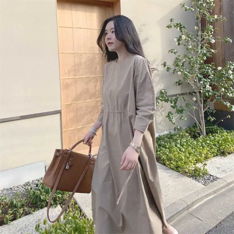 

LANMREM 2021 Summer Autumn New Korean Loose High Waist Cotton and Linen Dresses Female Temperament Long Khaki Dresse 2D5010