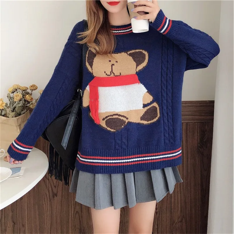 

2020 Autumn And Winter New Cartoon Bear Loose Round Neck Fashion All Match Sweater Female Korean Cocoon Long Sleeved SweaterC360