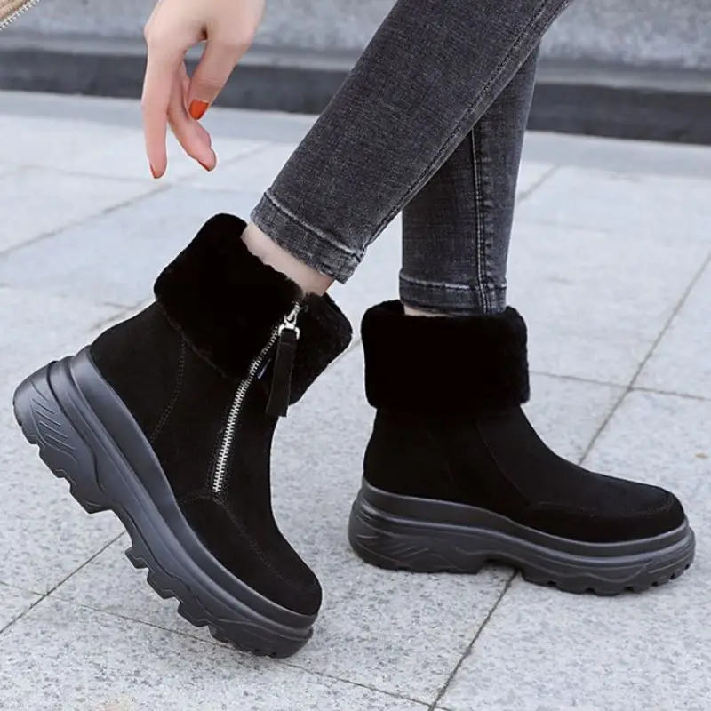 

Rizabina Real Leather Women Ankle Snow Boots Plush Fur Zip Shoes Round Toe Winter Warm Boots Women Fashion Footwear Size 33-40