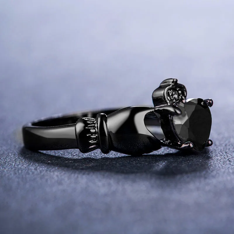 

Luxury Female Small Blue Heart Ring Vintage 10KT Black Gold Engagement Rings For Women Promise Love Wedding Band Ring