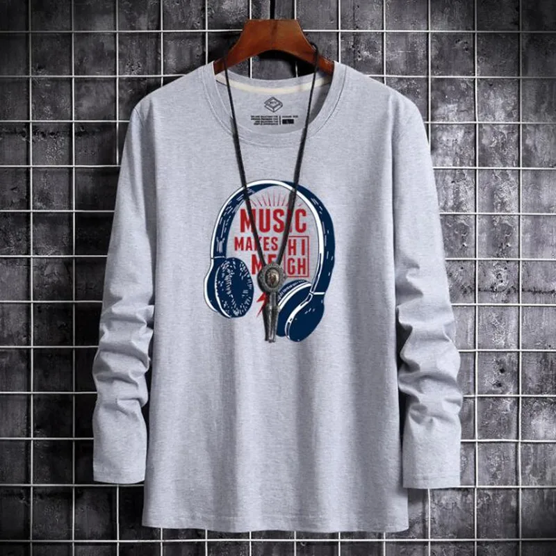 

Spring Autumn New Cothing 100% Cotton Long-Sleeved Casual T-Shirts Men's Fashion Cartoon Earphone Print Top Tees Male Size 6XL