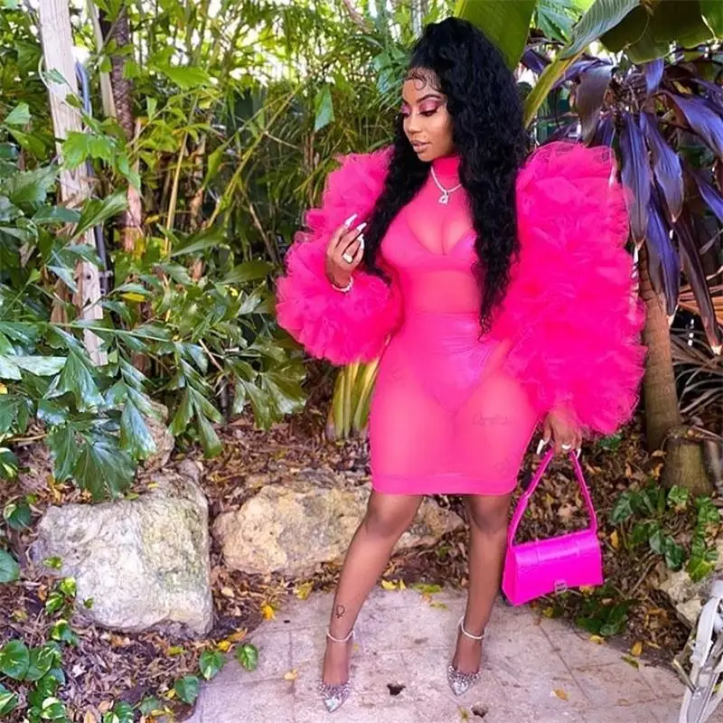 

Hot Pink Short Party Dresses See Through High Neck Wrap Dreses Party Gowns Puffy Long Sleeves Black Girls Sexy Vestidos Fuchisa