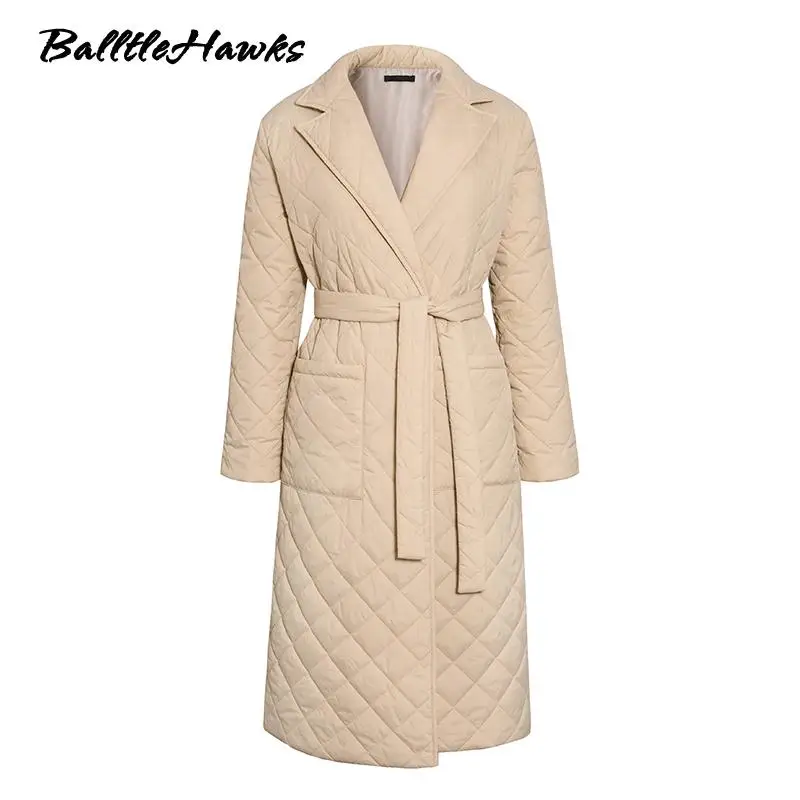Women Long Straight Winter Coat with Rhombus Pattern Casual Sashes Women Parkas Deep Pockets Tailored Collar Stylish Outerwear