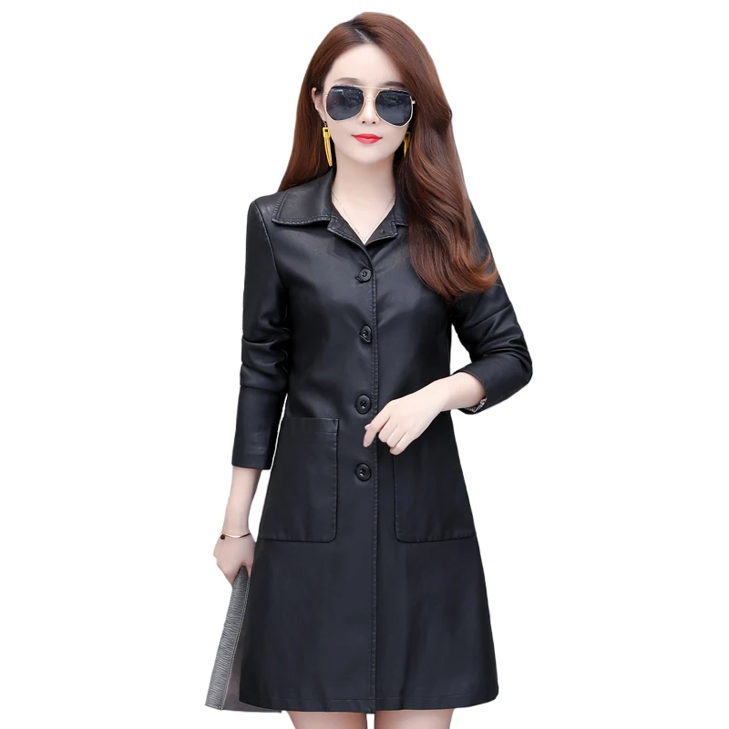 

Spring Autumn Women Faux Leather Jackets Long Black Pu Leather Coats Women Outerwear With Big Pockets Trench Coat