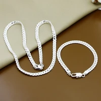 2 piece 6mm full sideways 925 sterling silver necklace bracelet fashion jewelry for women men link chain sets wedding gift