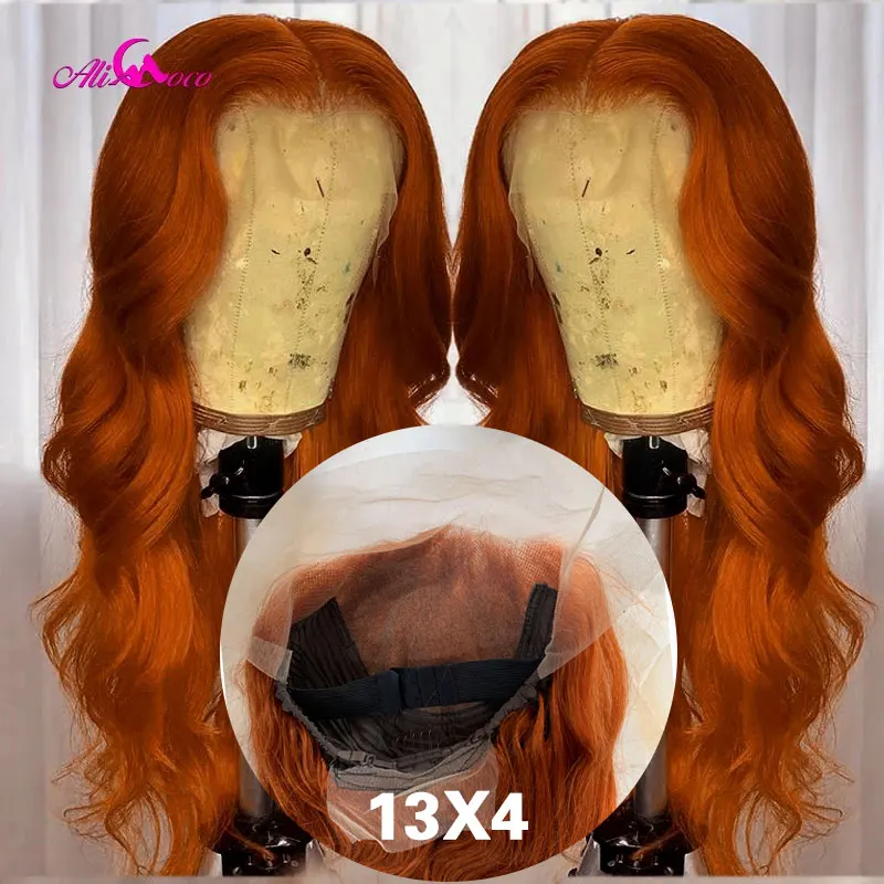 Парик из человеческих волос с апельсиновой имбирной кружевной передней частью