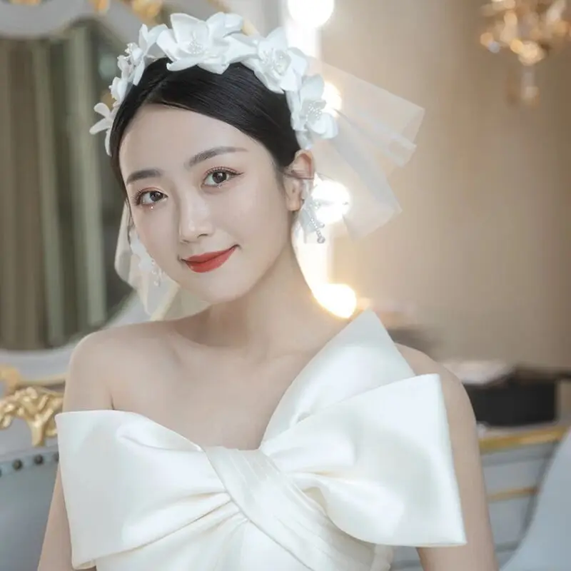

Korean Sweet Ewha Bride Hairband Pearl Photography Accessories Wedding Short Veil
