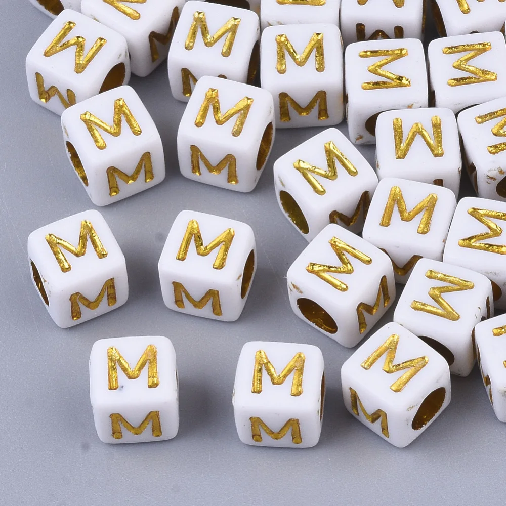 

500g Plating Acrylic Beads Golden Metal Enlaced Alphabet Style Cube Letter.M 5.5~6x5.5~6x5.5~6mm Hole: 3.5mm about 3000PCS /500g