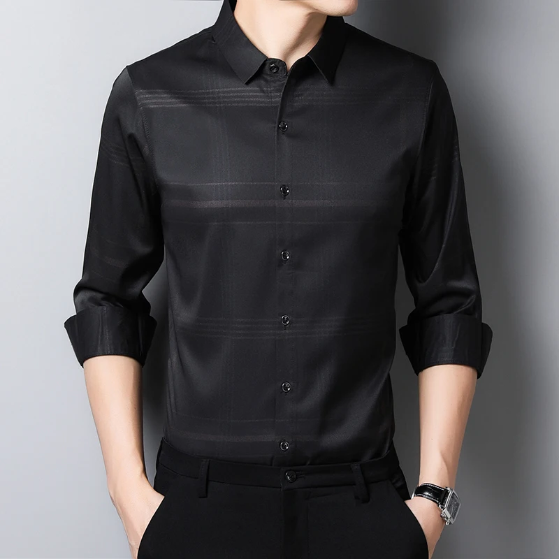 

BROWON Men Shirt Black Color Long Sleeve Turn-down Collar Plaid Full Business Slim Fit Casual Shirts Men Clothes 2021