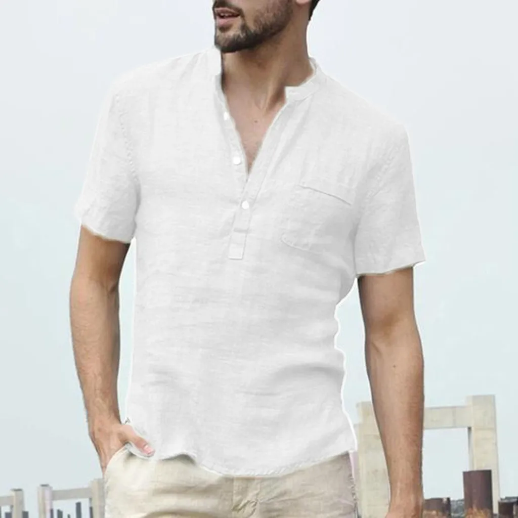 

Men's Baggy Breathable Split hem Cotton Linen T-shirts Solid Linen Button Plus Size T Shirts Tops V-Neck tshirts For Men