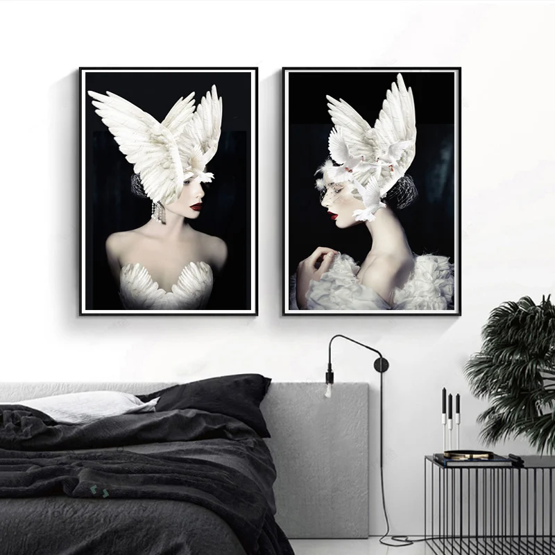 Скандинавский плакат женщина голубь шляпа с изображением крыльев Ангела черный