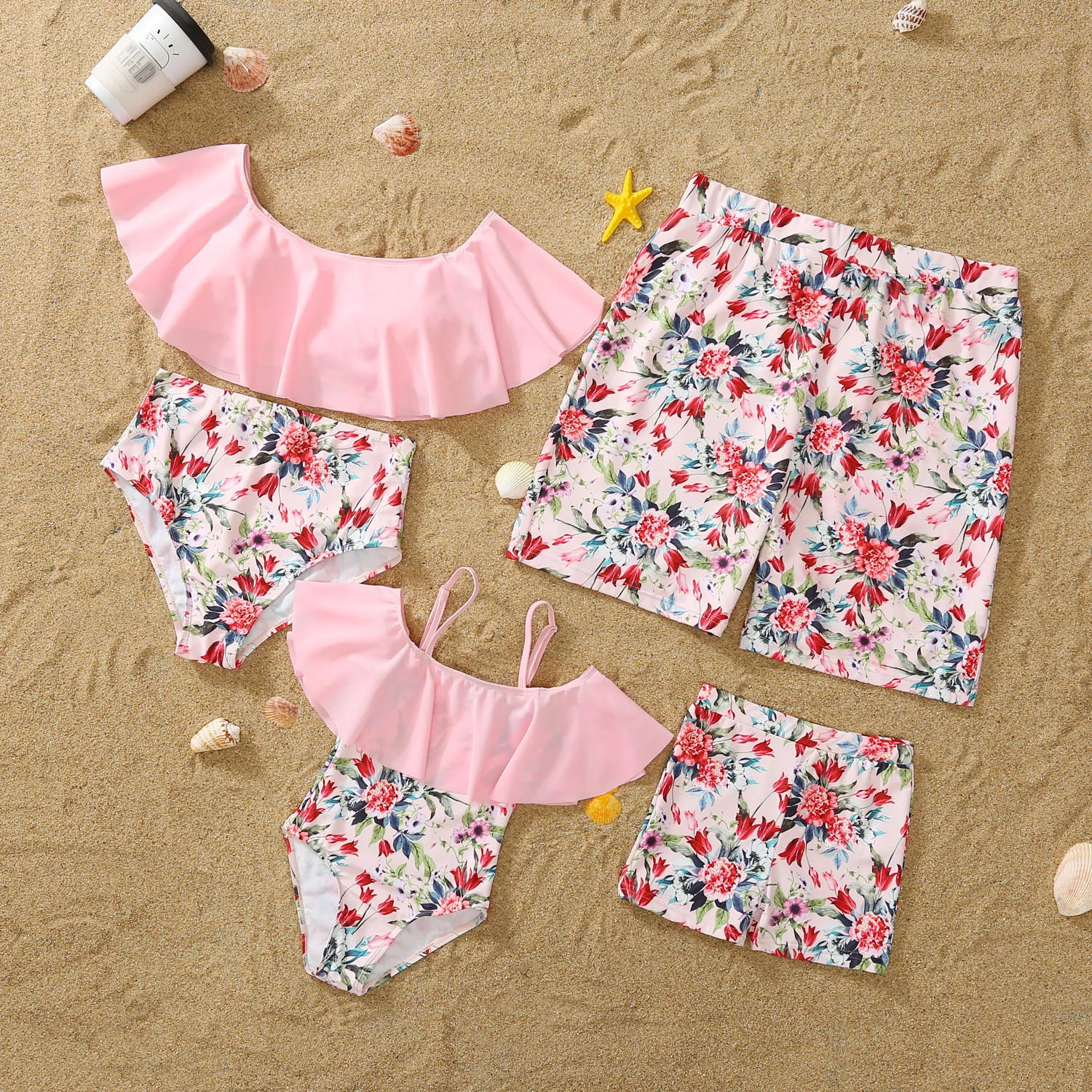 Baby Girl 2021 Summer Family Matching Outfit Swimsuit Halter Mother And Daughter Ruffled Bikini Swimsuit Men's Beach Shorts