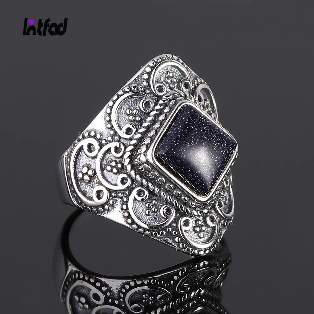 

Retro Generous Natural Blue Sandstone Gemstone Rings Anniversary Gift Fine Jewelry S925 Sterling Silver Rings for Women