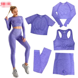 

New 5PCS Yoga Sets Summer Gym Bra Fitness Workout T-shirts Women Absorption Sports Shorts Seamless Exercise Leggings Woman