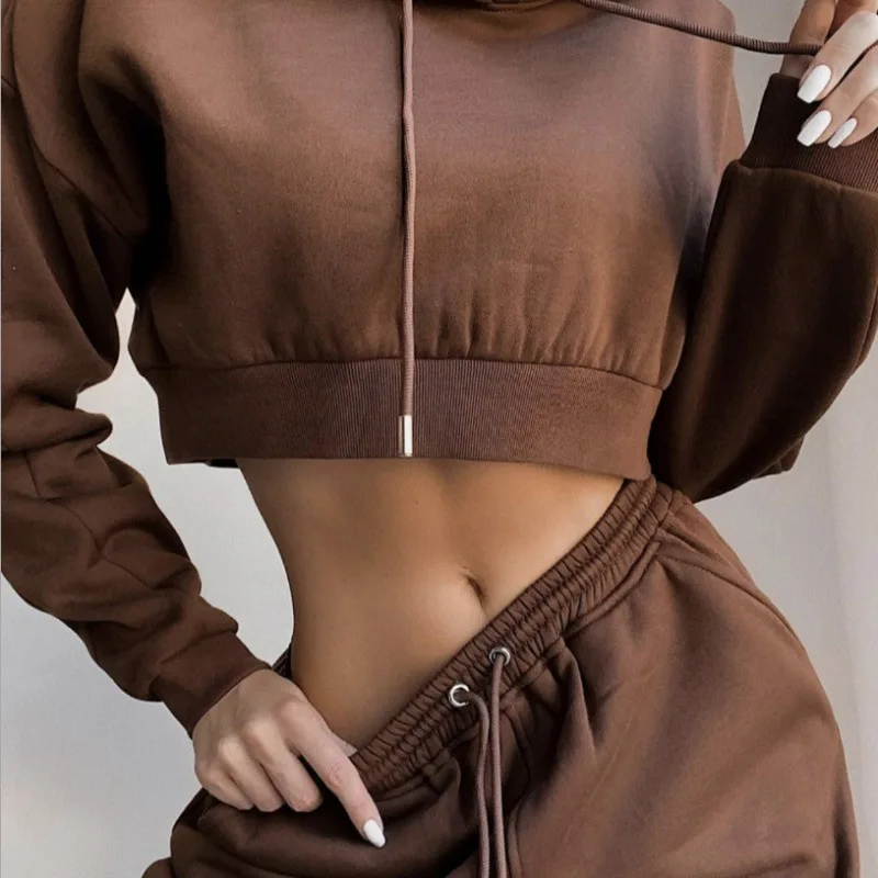 

Sports Suit Women's Brown Short Cropped Hoodie Loose Sweatpants Two-Piece Casual Fitness Sportswear Solid Color Autumn Women