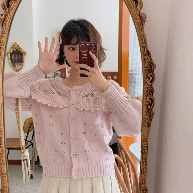 

2021 autumn and winter new jacket lantern sleeve retro lace hollow raccoon hair short knitted sweater cardigan all-match casual