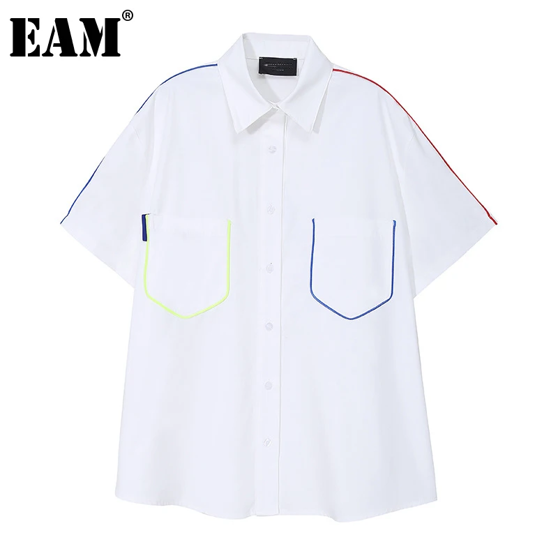 

[EAM] Women White Pocket Big Size Casual Blouse New Lapel Short Sleeve Loose Fit Shirt Fashion Tide Spring Summer 2022 1DD7400