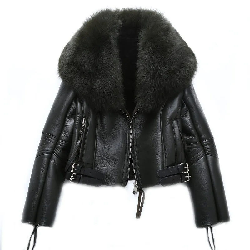 LAVELACHE Women Winter Real Fur Coat Genuine Sheepskin Leather Jacket Whole Skin Large Real Fox Fur Collar Fashion Outerwear