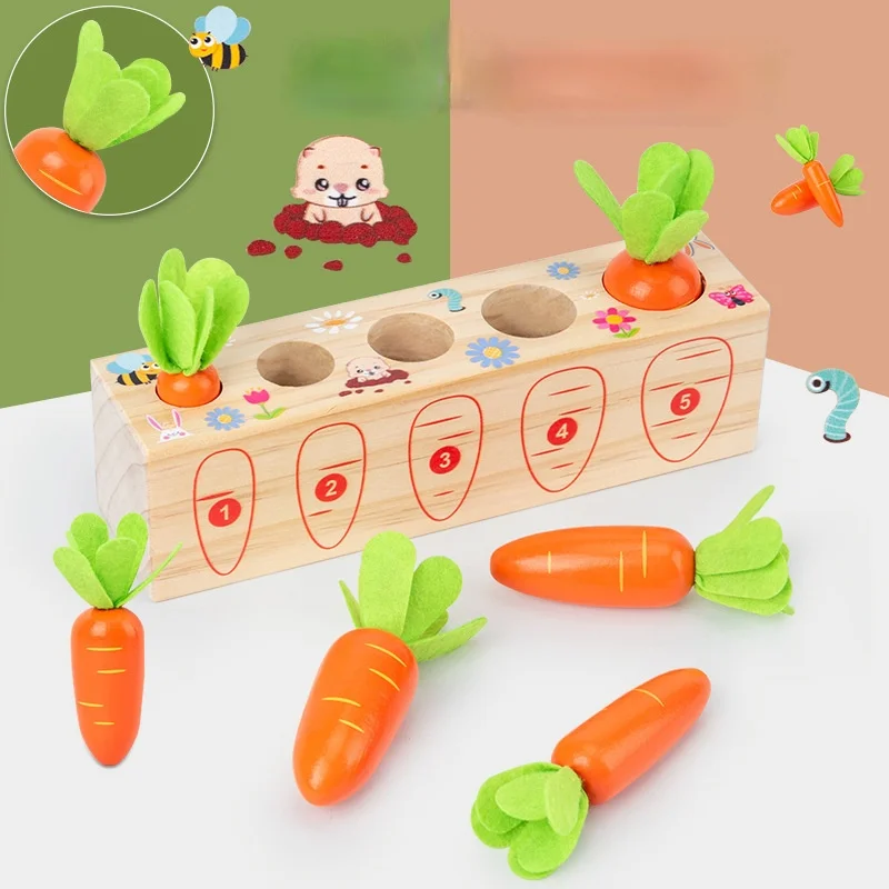 

Wooden Toys Baby Montessori Toy Set Pulling Carrot Shape Matching Size Cognition Baby Toy Educational Toy For Children Kids Gift