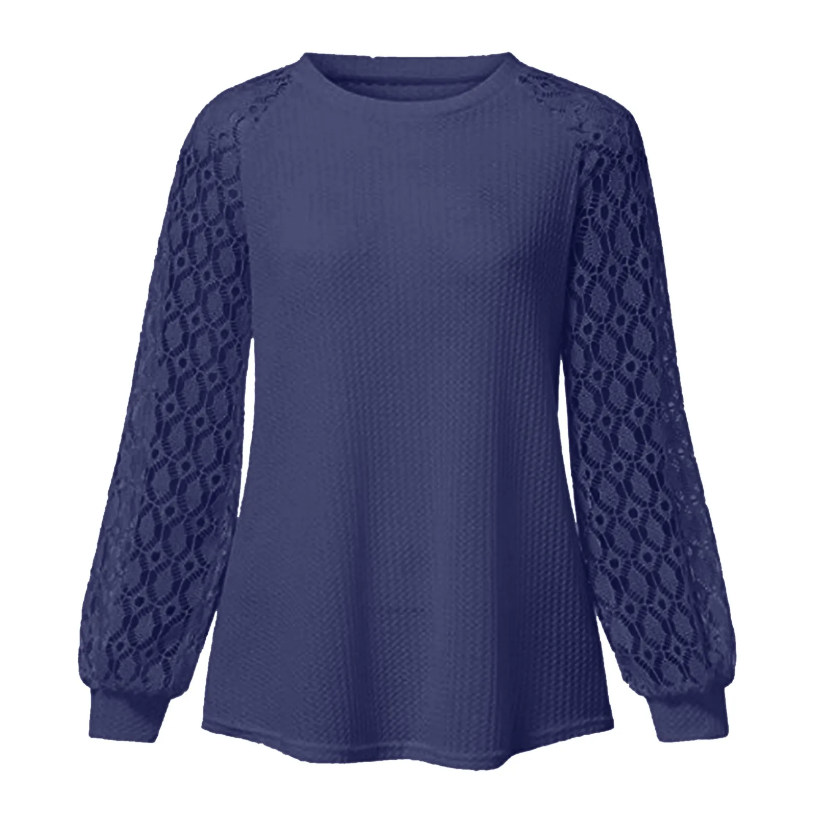 Женская Однотонная футболка с кружевом Повседневная Свободная длинным рукавом и
